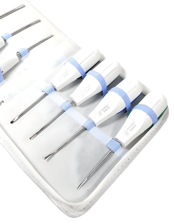 Set of dental instruments in a white case with blue accents on a white background