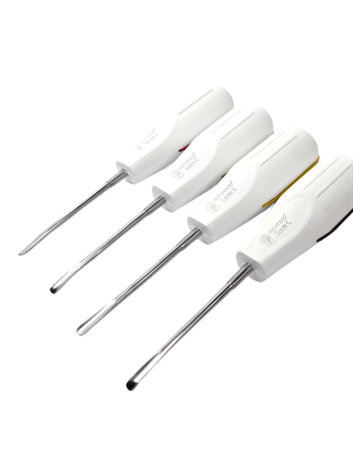 Set of four screwdrivers with white handles on a white background