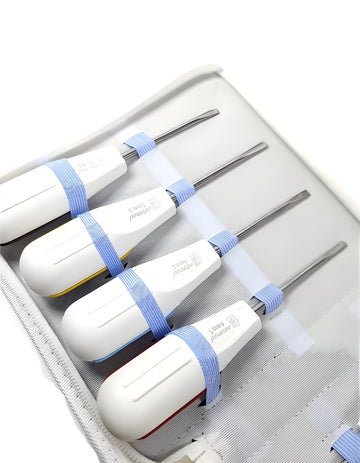 Set of dental instruments with blue bands in a gray case