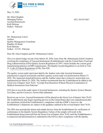 FDA Green List Import Alert 76-01 acknowledgment letter for Aaymed Instruments