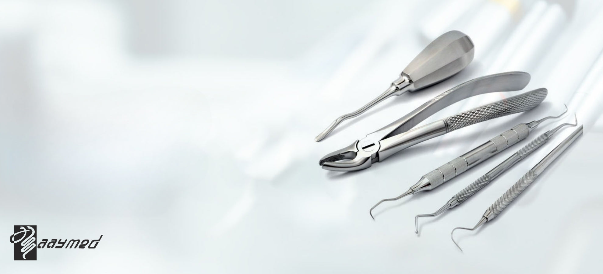 Aaymed logo dental instruments including extraction forceps, dental elevators, scalers and probes with grey background