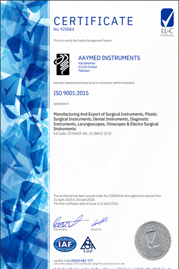 Aaymed Instruments ISO 9001:2015 quality management certificate