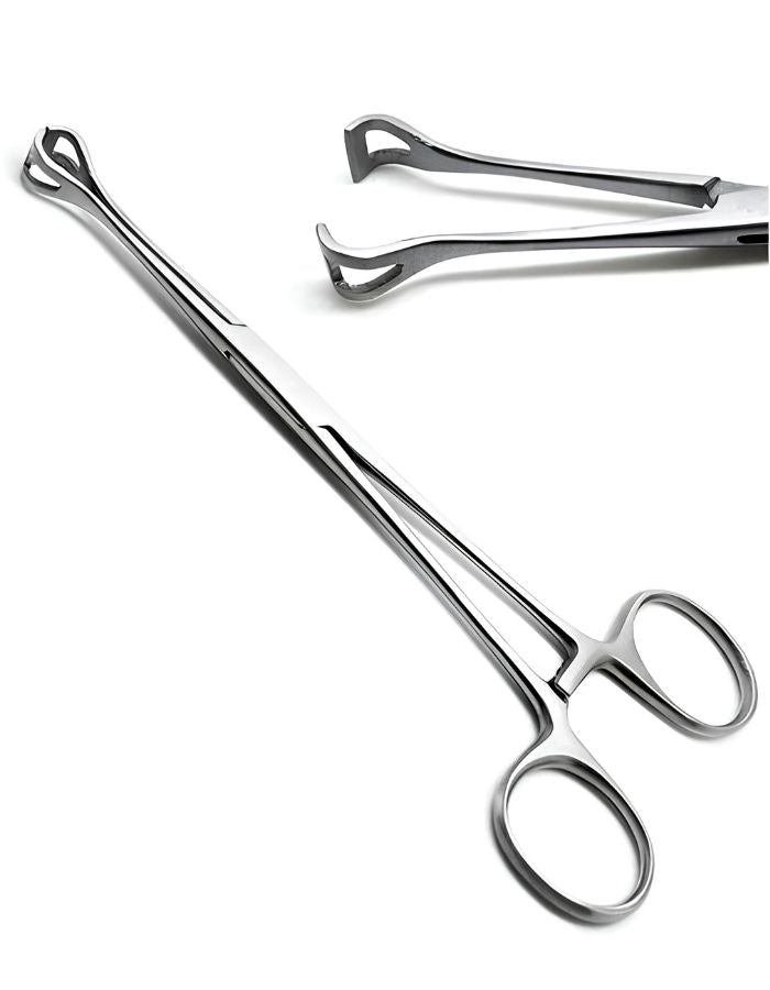 A polished stainless steel surgical forceps instrument shown on a clean white background, with a second angle of the same tool visible in the upper right.