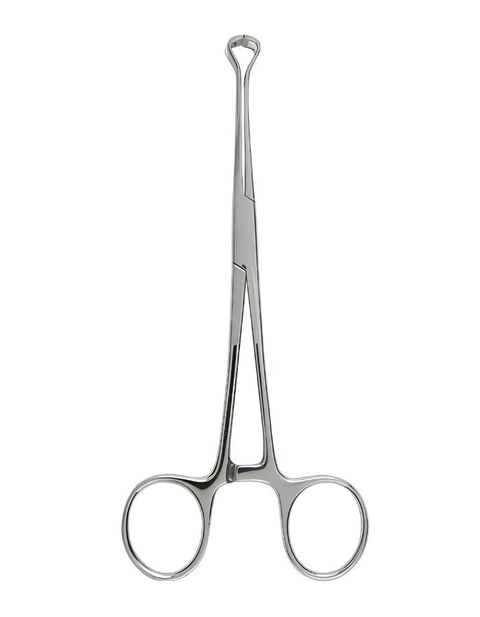 A stainless steel surgical hemostat clamp with a long handle and two circular finger rings, shown vertically on a plain white background.