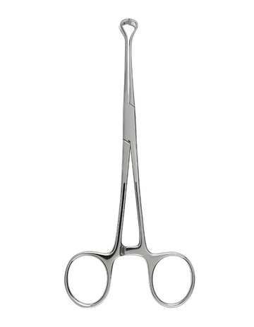 A stainless steel surgical hemostat clamp with a long handle and two circular finger rings, shown vertically on a plain white background.