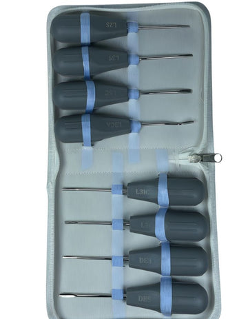 Set of screwdrivers in a gray case with blue bands on a white background