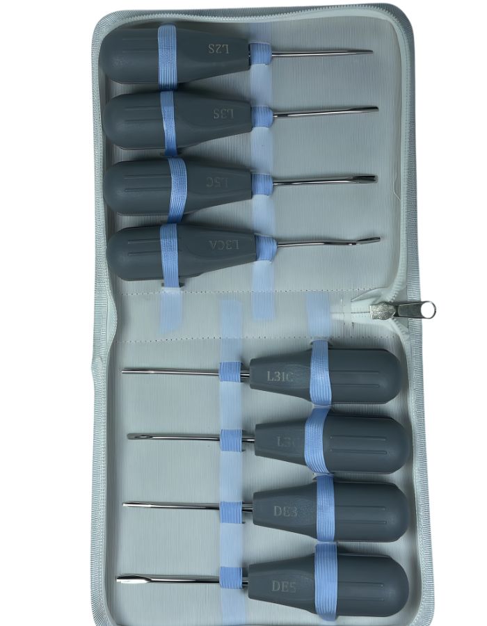 Set of screwdrivers in a gray case with blue bands on a white background