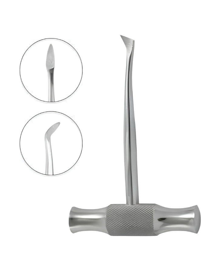 A polished stainless steel hand instrument with a long curved hook-like tip and a knurled handle, shown on a white background with two circular detail insets highlighting the tip and hook ends.