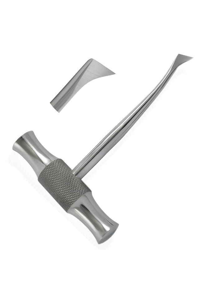 A stainless steel curved hook tool with a textured knurled handle, shown alongside a separate matching metal piece on a plain white background.