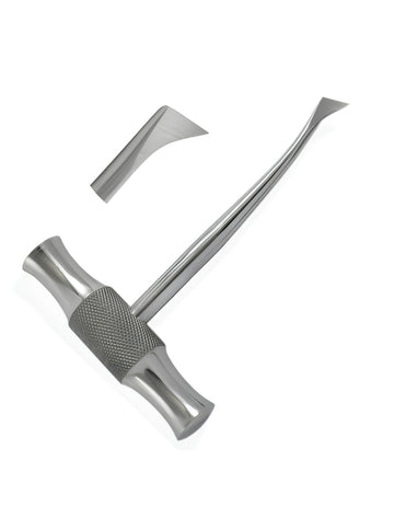 A stainless steel curved hook tool with a textured knurled handle, shown alongside a separate matching metal piece on a plain white background.