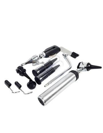 Set of medical tools including a otoscope, flashlight, and other instruments on a white background