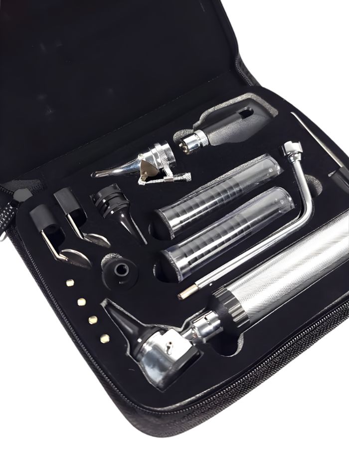 Set of dental tools in a black case on a white background