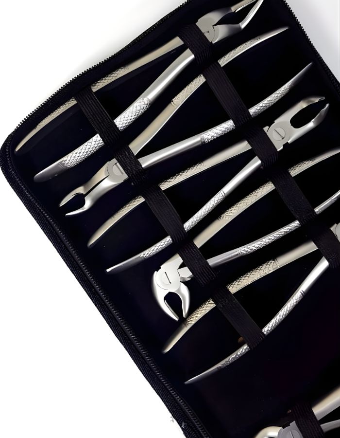 Set of silver pliers in a black case with a brand logo.