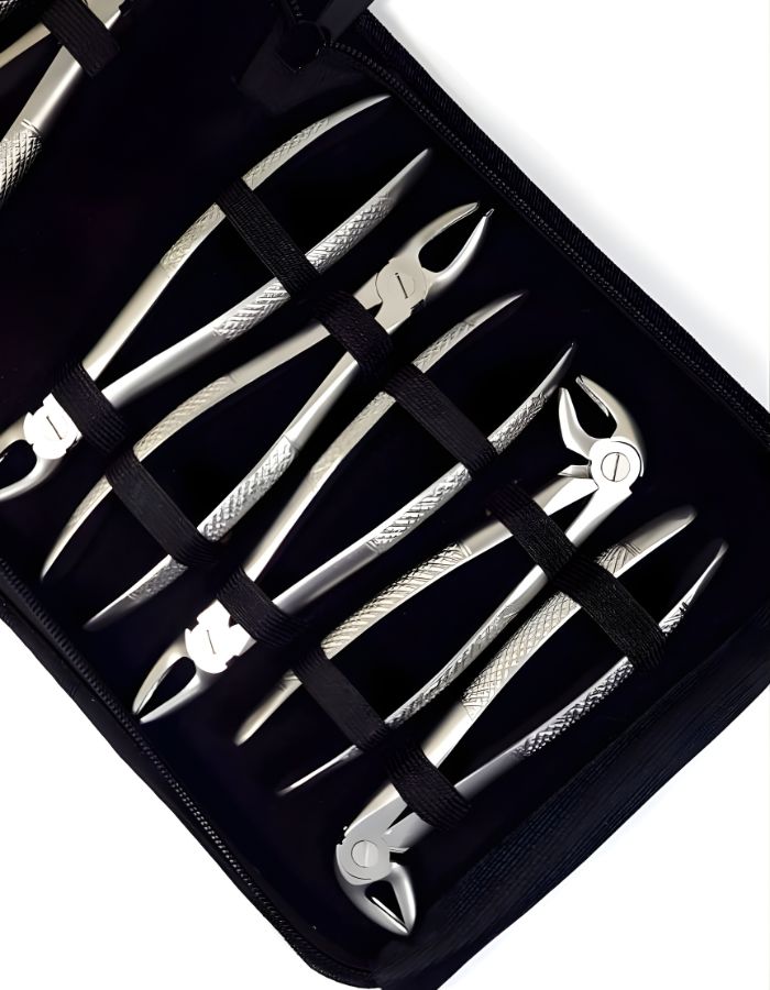 Set of metal pliers in a black case on a white background