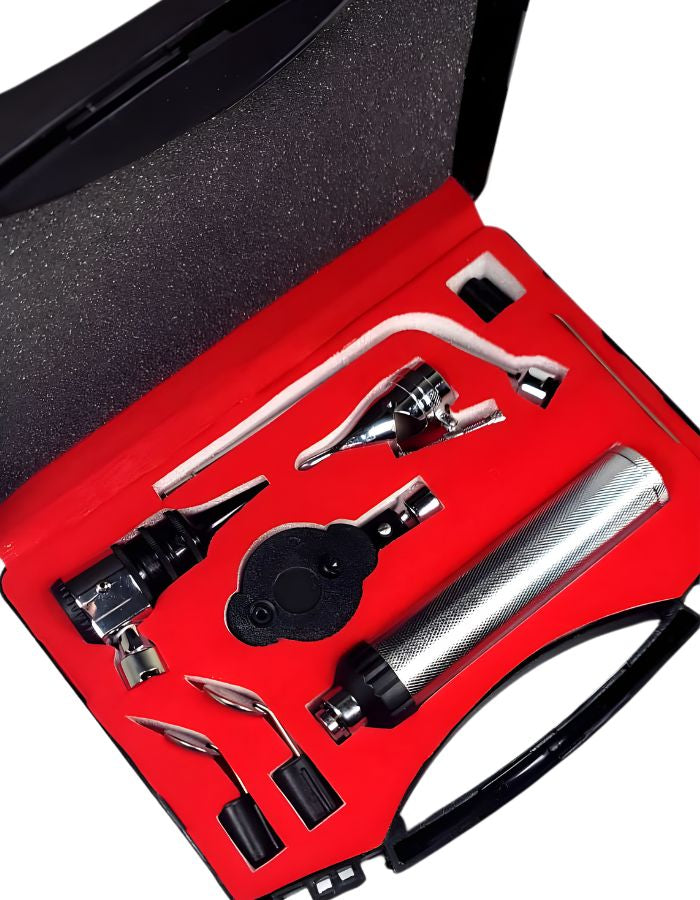 Set of medical instruments in a red case on a white background