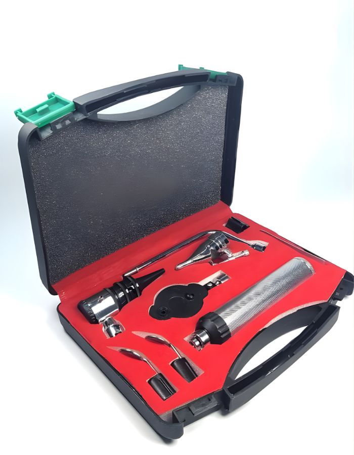 Medical tool kit with various instruments in a black and red case on a white background