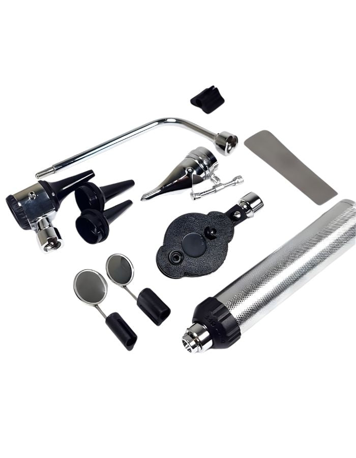 Set of medical examination tools including an otoscope, stethoscope, and other instruments on a white background