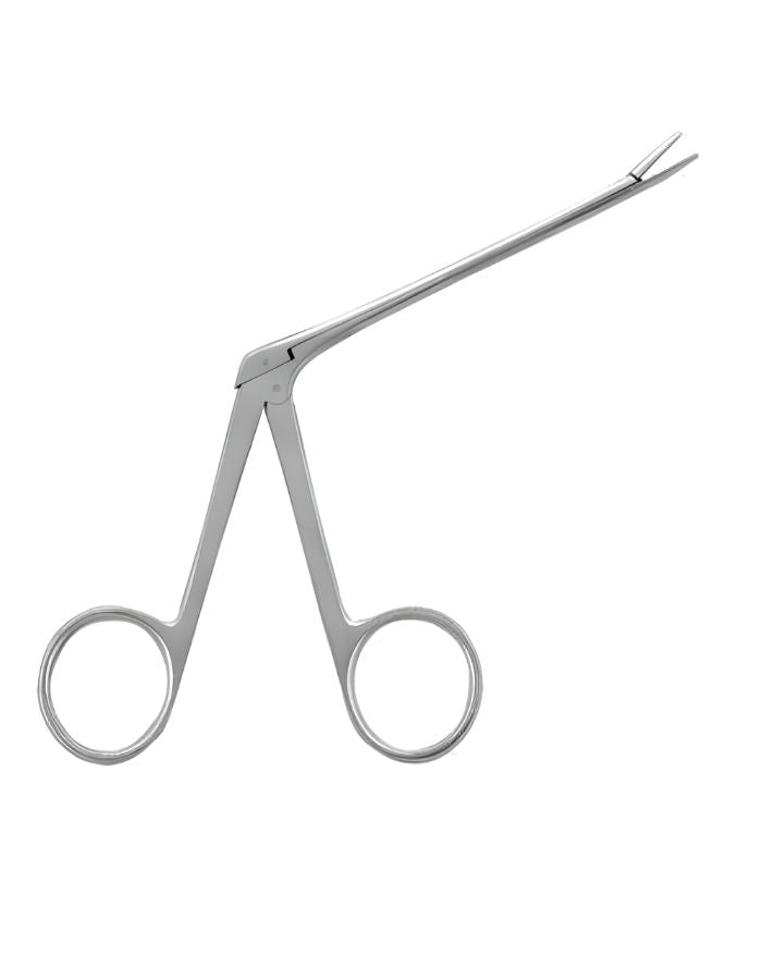 A pair of stainless steel surgical forceps with ring handles and a long slender jaw, isolated on a white background.