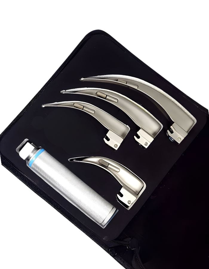 Set of laryngoscopes in a black case on a white background