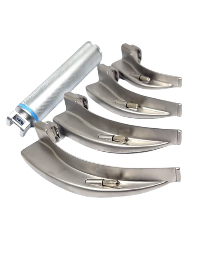 Set of metal laryngoscopes on a white background