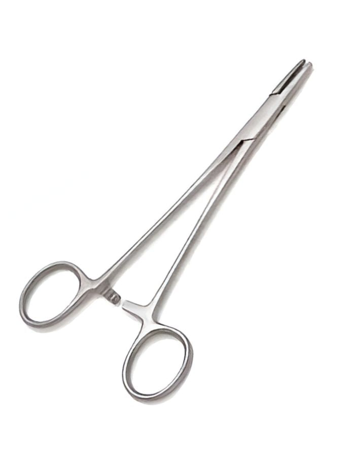 A pair of stainless steel surgical forceps with oval handles, shown on a plain white background.