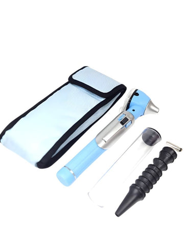 Set of dental tools including a mirror, flashlight, and other instruments on a white background