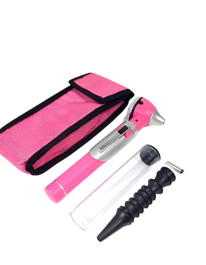 Pink otoscope set with carrying case on a white background