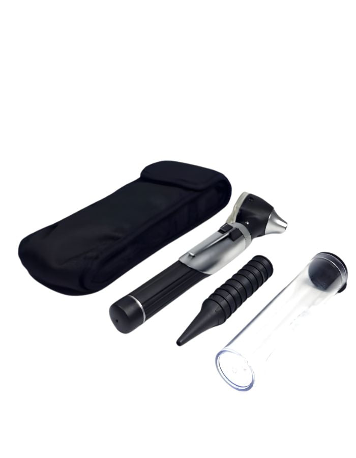 Set of medical tools including an otoscope, flashlight, and black case on a white background