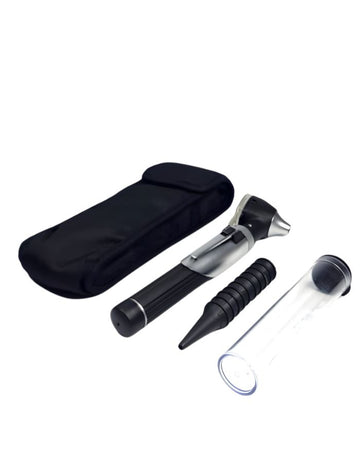 Set of medical tools including an otoscope, flashlight, and black case on a white background