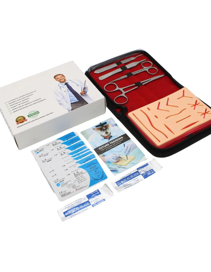 Complete suture practice kit with silicone pad and instruments