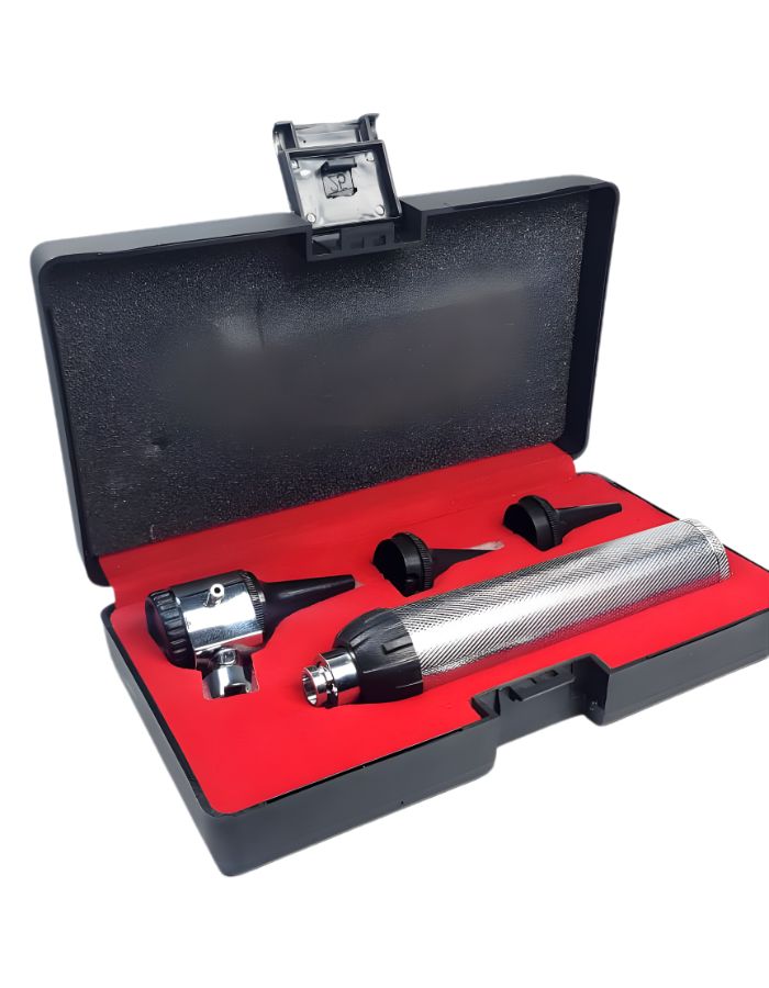 Medical instrument set with a black case on a white background