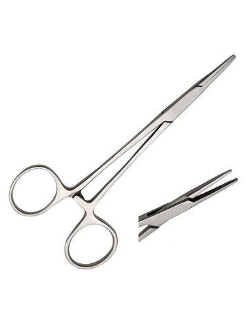 A pair of stainless steel surgical forceps shown on a plain white background, with a smaller inset view of the serrated tip on the right.