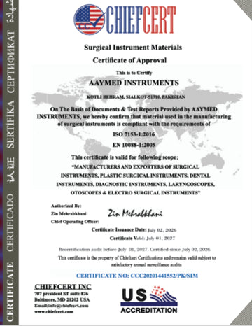 Aaymed Instruments surgical instrument materials certificate for ISO 7153-1 and EN 10088-1 compliance